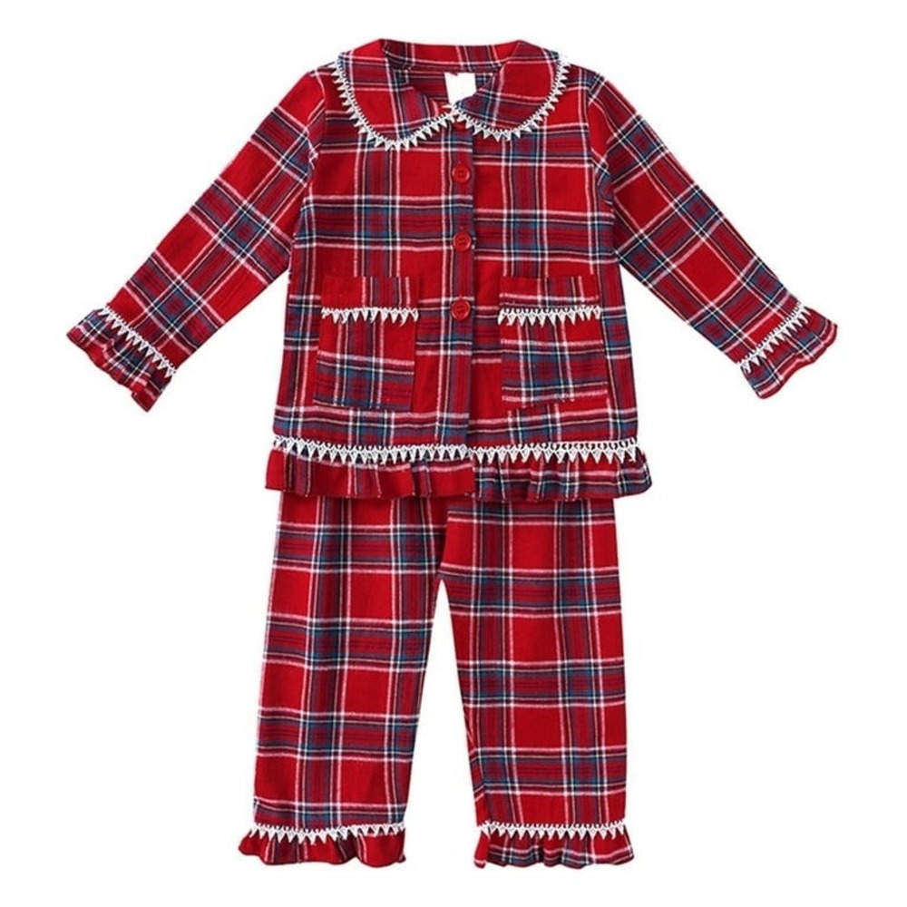 Kids Tales Red Plaid Pajama Set Lace Trim Ruffle Christmas Sleepwear